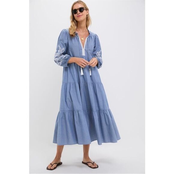 Tuckernuck Dresses & Skirts - Tuckernuck Cotton Chambray Embroidered Salty Paloma Caftan Dress NWT Size Small